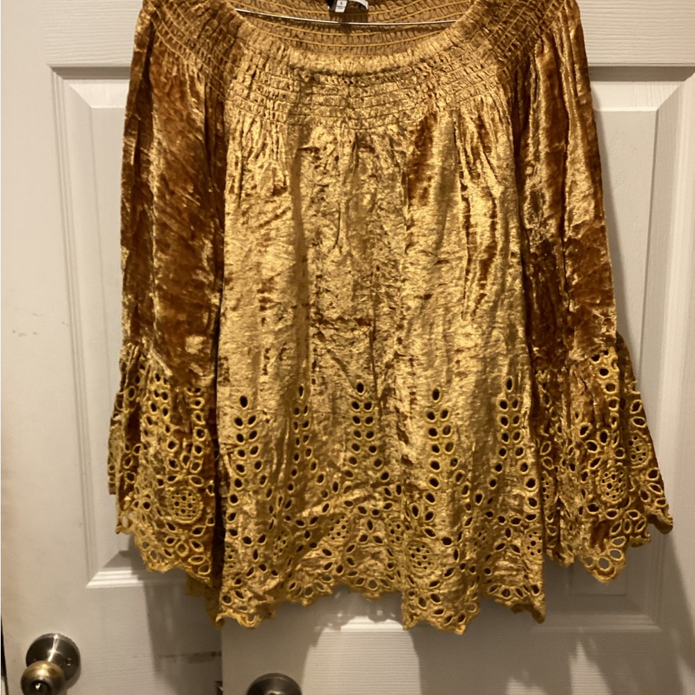 John Mark Gold Velvet Blouse with Lace Detail